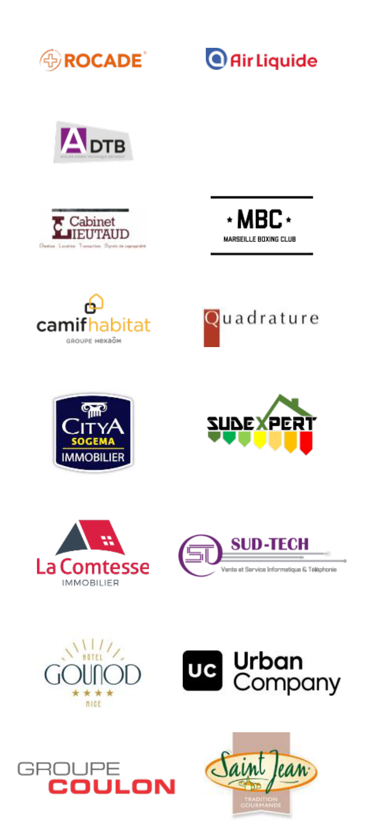 Logos clients professionnels : Rocade, Air Liquide, DTB, Cabinet Leuteaud, MBC Marseille Boxing Club, Camif Habitat, Quadrature, City'A Sogema, Sud Expert, La Comtesse, Sud-Tech, Gounod, Urban Company, Groupe Coulon, Saint Jean