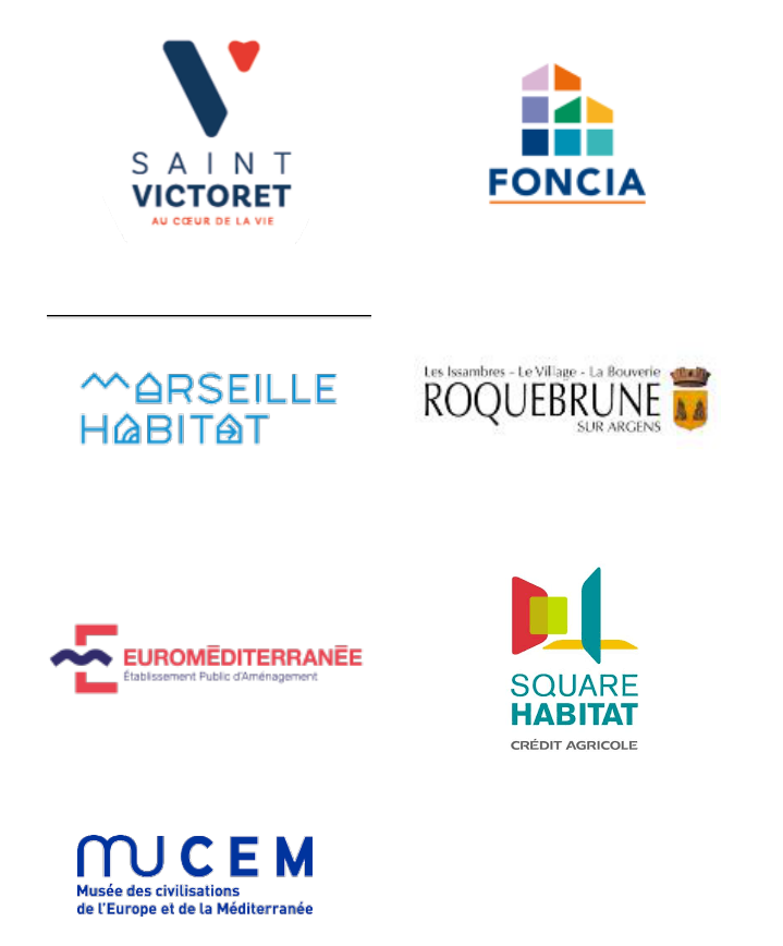 Logos clients publics : Mairie de Saint-Victoret, Foncia, Marseille Habitat, Roquebrune-sur-Argens, Euroméditerranée, Square Habitat Crédit Agricole, MUCEM